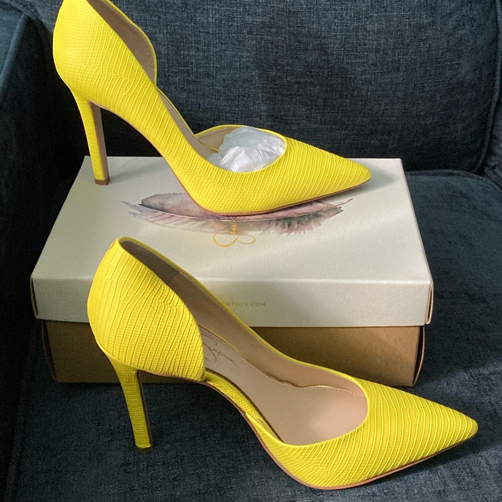 Jessica Simpson bright yellow lizard print heels